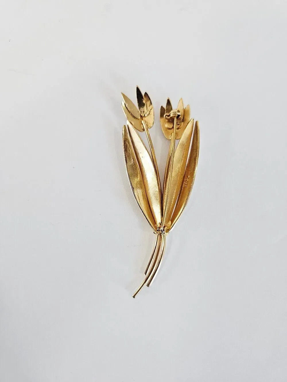 Vintage Signed Brasil Gold Tone Large Floral Sprig Green Stone Accent Brooch Pin